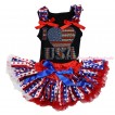 American's Birthday Black Baby Pettitop Red White Blue Striped Star Ruffles Red Bows & Rhinestone I Love USA Print & Red White Blue Striped Star Newborn Pettiskirt NG1673